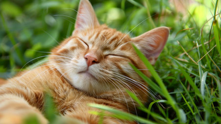 Charming Ginger Cat Relaxing Outdoors on Green Grass. Concept of Feline Comfort, Pet Relaxation, Nature, and Outdoor Serenity.の写真素材