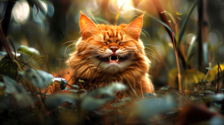 Whimsical smile of an orange tabby cat in a forest setting. Concept of cat expressions, nature, feline happiness, outdoor adventure, funny kitten, Happy Pet.の写真素材