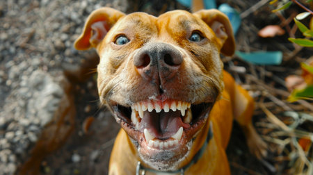 Happy smiling brown pit bull dog with open mouth and nose close-up. Concepts of joyful pet, canine happiness, outdoor adventure, friendly animal, funny puppy.の写真素材