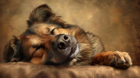 Sleepy Mixed-Breed Dog Peacefully Resting on Brown Cushion. Concept of tranquility, relaxation, cute pets, and calm moments, funny puppy.の写真素材