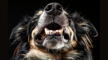 Close-up of a Playful Laughing Dog with its Teeth Visible on a Black Background. Concept of Pet Joy,...
