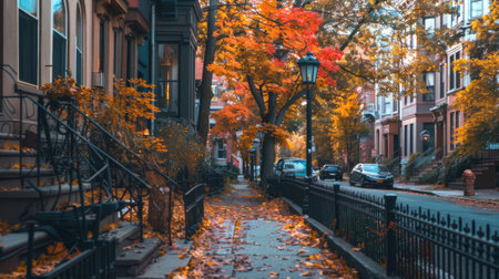 Scenic Urban Street Lined with Trees in Autumn. Concept of fall foliage, serene walkway, city environment, seasonal change.の写真素材
