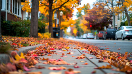 Scenic Urban Street Lined with Trees in Autumn. Concept of fall foliage, serene walkway, city environment, seasonal change.の写真素材
