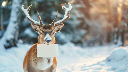 Christmas reindeer with antlers holding a blank white card in a snowy forest. Concept of deer, holiday greetings, winter nature scene. Greeting card, postcard, mockup, invitation, letter. Copy space.の写真素材