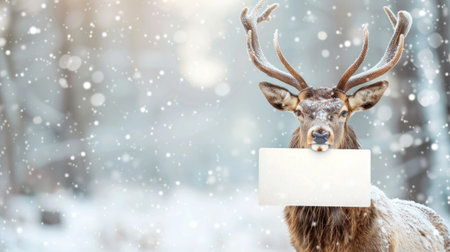 Christmas reindeer with antlers holding a blank white card in a snowy forest. Concept of deer, holiday greetings, winter nature scene. Greeting card, postcard, mockup, invitation, letter. Copy space.の写真素材