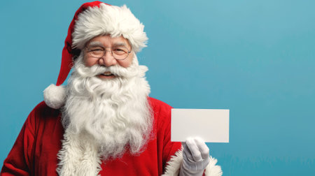 Santa Claus Holding an Empty White Card on Blue Background. Concept of Christmas, Winter Holiday, Festive Greetings, Santa Messages. Greeting card, mockup, invitation. Copy space.の写真素材