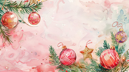 Watercolor Illustration of Christmas Ornaments and Pine Branches. Concept of Holiday Decorations, and Celebration Art. Festive background. Copy space.の写真素材