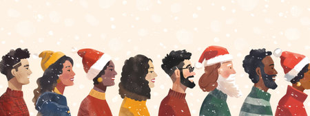 Group of Diverse People in Winter Clothing with Santa Hats and Snowfall. Concept of Holidays, Cultural Diversity, Winter Season, Festive Spirit, Multicultural unit. Banner. Copy space.の写真素材