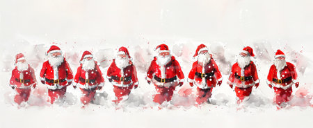 Abstract Watercolor Art of a Row of Santa Clauses. Concept of Christmas, Holiday Season, Festive Decorations, Santa Claus Illustration. White background. Banner. Copy space.の写真素材