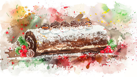 Watercolor illustration of a traditional Yule log cake with berries and pine sprigs. Concept of Christmas dessert, festive baking, holiday sweets, seasonal celebration.の写真素材