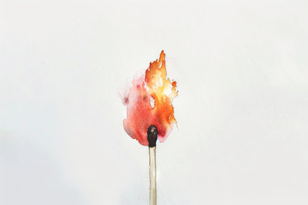 Vibrant Watercolor Illustration of a Burning Matchstick. Concept of Fire, Flame, Combustion, Heat.