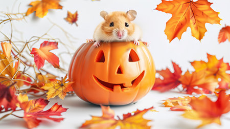 Cute hamster inside carved pumpkin surrounded by autumn leaves. Concept of adorable pet, Halloween decoration, autumn season, festive atmosphere.の写真素材