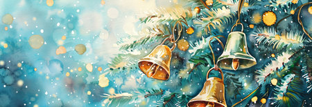 Watercolor illustration of golden bells on a Christmas tree with decor. Concept of holiday decoration, winter festive season, Christmas spirit, traditional celebration. Banner. Copy space.の写真素材