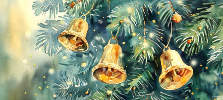 Watercolor art of golden Christmas bells hanging on a decorated fir tree branch. Concept of holiday ornaments, festive decorations, and Christmas celebrations. Banner. Copy space.の写真素材