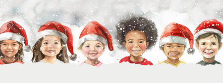 Watercolor Art of Multiracial Children Wearing Santa Hats in the Snow. Concept of Diversity, Holiday Celebration, Winter Fun, Festive Season.の写真素材