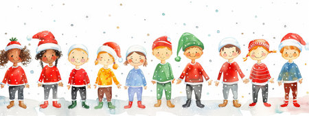 Diverse group of cheerful children wearing Santa hats and winter outfits standing in a row with falling snow. Concept of multicultural kids, festive season, Christmas celebration, holiday cheer.の写真素材
