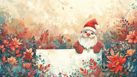 Watercolor art of a cute Santa Claus peeking with glasses amidst vibrant foliage. Blank sign with copy space for a greeting. Concept of Christmas, holiday season, festive decoration, illustration.の写真素材