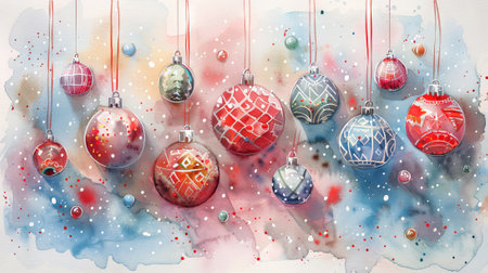 Festive Watercolor Art of Hanging Christmas Ornaments. Concept of Holiday Decorations, Seasonal Cheer, Winterfest, Joyful Celebration.の写真素材
