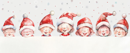 Watercolor Illustration of Joyful Kids Wearing Santa Hats with Snowflakes. Concept of Holiday Cheer, Christmas Celebration, Festive Children, Winter Joy.の写真素材