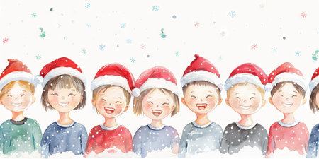 Watercolor Illustration of Joyful Kids Wearing Santa Hats with Snowflakes. Concept of Holiday Cheer, Christmas Celebration, Festive Children, Winter Joy.の写真素材