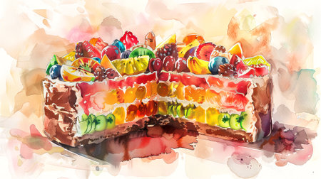 Watercolor painting of a colorful fruitcake with an array of fruits on an aquarelle background. Concept of dessert, art, celebration, and painting.の写真素材