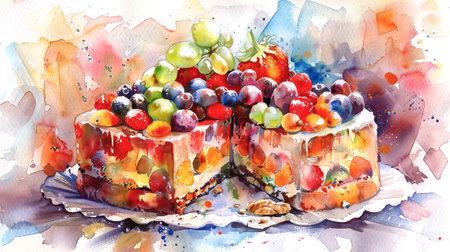 Watercolor painting of a colorful fruitcake with an array of fruits on an aquarelle background. Concept of dessert, art, celebration, and painting.の写真素材