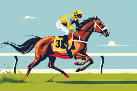Illustration of a jockey riding a thoroughbred racehorse on a racetrack. Concept of horse racing, equestrian sports, competition, speed.の写真素材