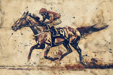 Vintage style image of a male jockey racing on a horse, concept of equestrian sports, horse racing, and historical imagery.の写真素材