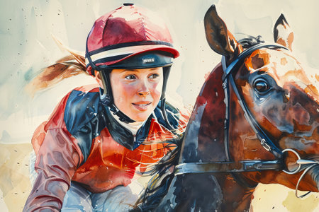 Watercolor painting of a Caucasian girl race jockey riding a horse. Concept of equestrian sport, young athlete, horseback riding, competitive racing.の写真素材