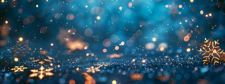 Festive blue and gold winter holiday background with snowflakes and bokeh lights. Concept of Christmas, winter, celebration season, festive decoration. Banner. Copy space.の写真素材