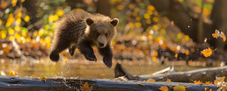 Young Brown Bear Cub Leaping Over Log in Autumn Forest. Concept of wildlife, nature, animal behavior, seasonal changes.の写真素材