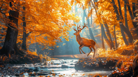 Graceful deer leaping over a stream in a vibrant autumn forest scene. Concept of nature beauty, wildlife, seasonal foliage, woodland adventure.の写真素材