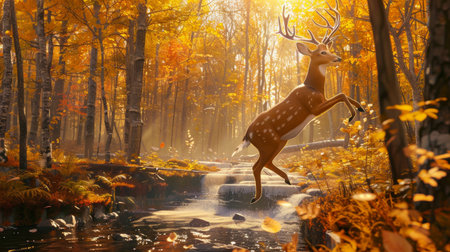 Graceful deer leaping over a stream in a vibrant autumn forest scene. Concept of nature beauty, wildlife, seasonal foliage, woodland adventure.の写真素材
