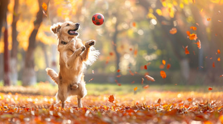 Playful golden retriever dog jumping to catch a ball in autumn park. Concept of happy dog, active pet, outdoor play, joyful autumn scenery.の写真素材
