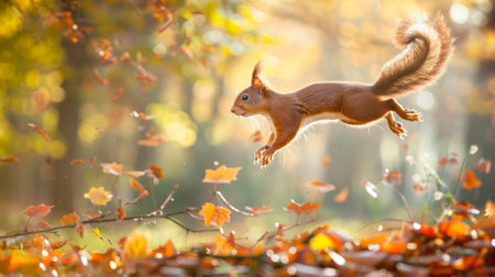 Squirrel Mid-Jump in Autumnal Forest Surrounded by Colorful Leaves. Concept of Wildlife, Seasonal Change, Nature, Forest Animals.の写真素材