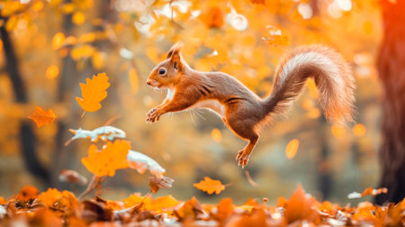 Squirrel Mid-Jump in Autumnal Forest Surrounded by Colorful Leaves. Concept of Wildlife, Seasonal Change, Nature, Forest Animals.の写真素材