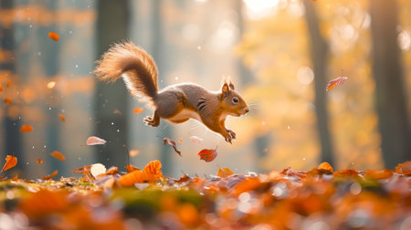 Squirrel Mid-Jump in Autumnal Forest Surrounded by Colorful Leaves. Concept of Wildlife, Seasonal Change, Nature, Forest Animals.の写真素材