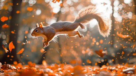 Squirrel Mid-Jump in Autumnal Forest Surrounded by Colorful Leaves. Concept of Wildlife, Seasonal Change, Nature, Forest Animals.の写真素材