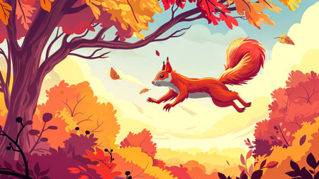 Cartoon flat illustration of a squirrel jumping from branch to branch in an autumn forest. Concept of wildlife, autumn season, nature, and animal behavior.の写真素材