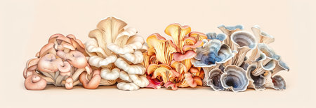 Digital illustration of a variety of edible mushrooms in multiple colors and shapes. Concept of fungi diversity, natural food, forest foraging, culinary ingredients.の写真素材