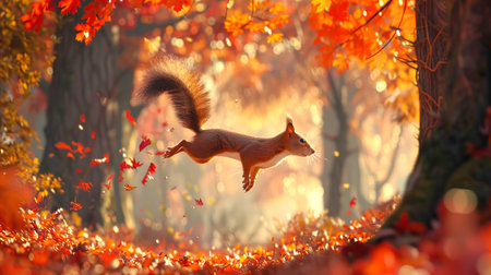 Digital scene of a squirrel jumping from one tree to another with vibrant autumn foliage in the background. Concept of wildlife, nature, woodland animal, fall season.の写真素材
