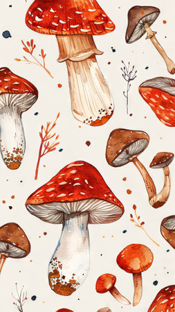 Various edible mushrooms and autumn leaves scattered on a light background. Concept of fungi, forest foraging, fall season, natural patterns. Watercolor illustration. Vertical. Background.の写真素材