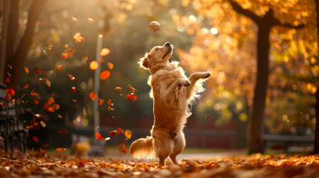 Golden Retriever Jumping to Catch a Ball in a Colorful Autumn Park. Concept of playful dog, fall season, outdoor activity, pet exercise.の写真素材
