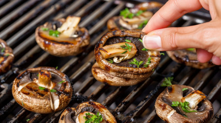 Close-Up of Grilled Mushrooms with Herbs on a Barbecue Grill. Concept of Grilled Vegetables, Barbecue, Outdoor Cooking, Vegetarian Cuisine.の写真素材