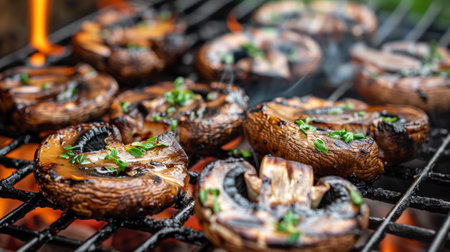 Grilled Mushrooms on Barbecue Grill with Herbs. Concept of Outdoor Cooking, Vegetarian Cuisine, Healthy Eating, Summer Barbecue.の写真素材