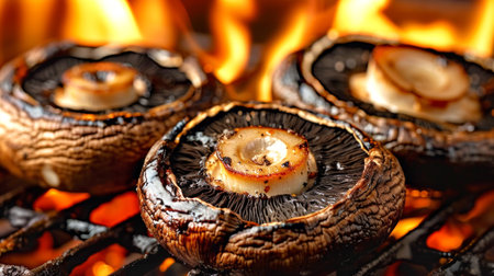 Grilled Portobello Mushrooms with Garlic Butter on a Barbecue Grill. Concept of Outdoor Cooking, Vegetarian Cuisine, Healthy Eating, Summer BBQ.の写真素材