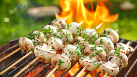 Grilled Mushrooms on Skewers Over Open Flame with Fresh Herbs. Concept of Barbecue, Outdoor Cooking, Summer Picnic, Vegetarian Cuisine.の写真素材