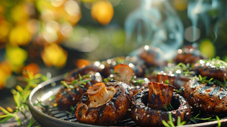 Grilled mushrooms on a plate with parsley garnish on a wooden table. Concept of vegetarian cuisine, healthy food, gourmet dishes, culinary preparation.の写真素材