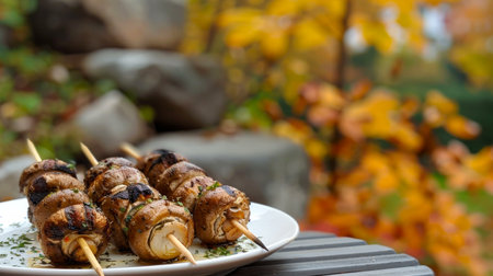 Grilled Mushroom Skewers on a Plate Outdoors with Autumn Foliage. Concept of outdoor dining, autumn, grilling, and seasonal cuisine. Copy space.の写真素材
