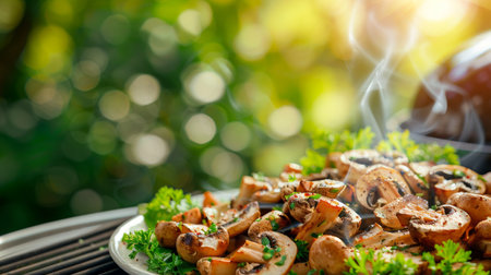 Grilled mushrooms on a barbecue garnished with fresh herbs. Concept of outdoor cooking, healthy eating, and vegetarian cuisine.の写真素材
